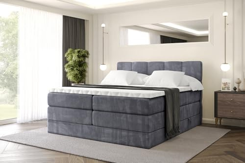 ALTDECOR Boxspringbett mit Matratze und Lattenrost, Topper, Polsterbett mit Bettkasten, Bett mit Stauraum H3- und H4- Matratze, Doppelbett, Springboxbett -LIRO KING-160x200 - Dunkelgrau Casablanca