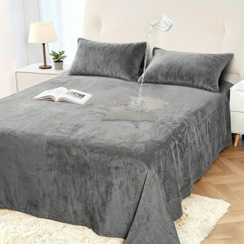 DUJUIKE Copriletto impermeabile, copriletto impermeabile in velluto, coprimaterasso per bambini 100% impermeabile e traspirante, coprimaterasso silenzioso, super morbido (Grigio, 160 x 230cm)