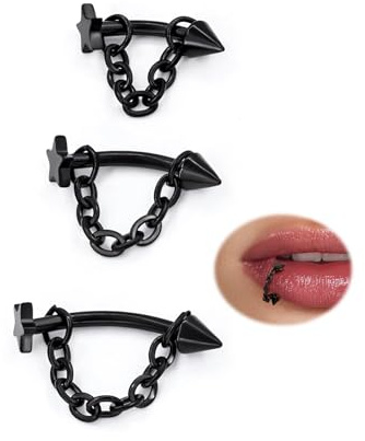 ALACLO 3 Pcs 316L Stainless Steel 16G Tragus Helix Rook Piercing Jewelry with Chain, Cartilage Earrings for Women, Belly Button Ring Vertical Labret Lip Piercing Jewelry Cone Star Top (Black)