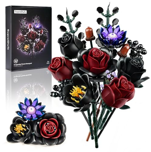 Coffret de construction de bouquet de roses bordeaux et noires, cadeaux pour elle pour un anniversaire, un anniversaire de mariage, la Saint-Valentin, Noël, décoration d'intérieur gothique