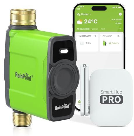 RAINPOINT Centralina Irrigazione WiFi con Ingresso e Uscita in Ottone, Intelligente Timer Irrigazione con Gateway dell'antenna, APP/Vocale Controllo, Ritardo per Pioggia/Manuale, per Prato Giardino