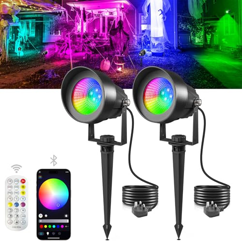 T-SUN Garden Spot Lights Mains Powered, RGB Spike Light with Remote/APP | IP65 Waterproof Outdoor Spotlight, 16 Colors & 44 Dynamic Modes Landscape Spot Light for Lawn Yard Pathway, 2-Pack