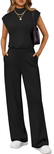 LILLUSORY Jumpsuits for Women Dressy Summer Jumpsuit 2026 Cap Sleeve Tops High Waist Wide Leg Pant Sets with Pockets Black S