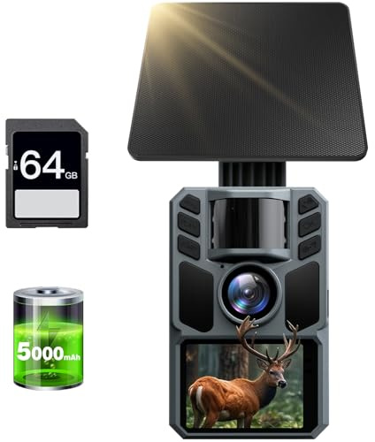 FKPCAM 4K 64MP Caméra de Chasse Solaire avec 5000mAh Batterie Rechargeable, Camera Chasse, 850nm LED Camera Infrarouge Vision Nocturne Animaux Caméra avec Carte 64GB