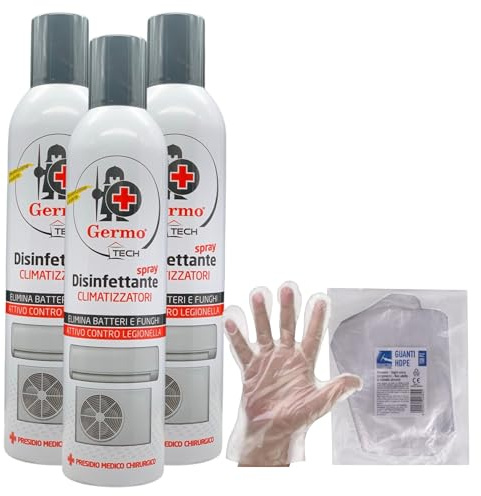 SET: Spray Disinfettante Per CLIMATIZZATORI, Agisce Direttamente Sui Microrganismi Responsabili Della Formazione Di Odori Sgradevoli 400ml + 100pz Guanti HDPE Monouso (3 Spray + 1 Guanti)