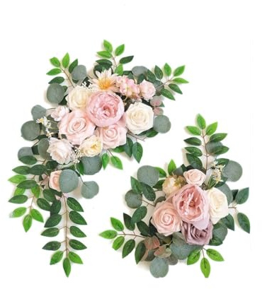 Zymjzbetic Konstgjorda blommor kit för bröllopsbågar konstgjorda blommor kit för rosett bröllop, sidenblomma för rosa och blå girlanger dekoration tecken välkommen (typ I)