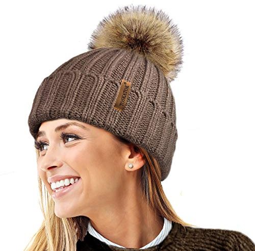 TOSKATOK® Cappello/Berretto Lavorato a Maglia Invernale Donna con Pelliccia Staccabile in Eco-Pelliccia Pesante Pom Pom