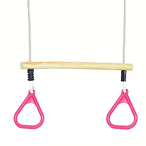 Rebo® Children’s Gymnastic Trapeze Bar with Gym Rings - Pink | OutdoorToys | Wooden and Plastic Replacement Trapeze Set for Kids Swing Sets and Climbing Frames