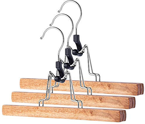 KADAX Hosenbügel aus Holz, Kleiderbügel für Kleidung, Hosen, Rock, Hosenspanner, Rockbügel, Rockspanner, 360°drehbarer Haken aus Metall, rutschfest, Klemmbügel, platzsparend (3)