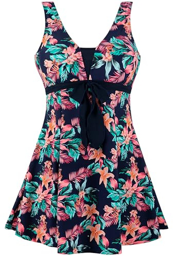 Wantdo Women's Plus Size Swimwear One Piece Tummy Control Swimdress Modest Skirted Swimsuit Rhododendron Print 22-24
