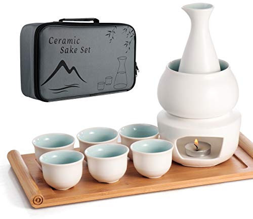 LOUTYTUO Set di Sake in Ceramica +Vassoio in bambù con pentola più Calda, Bevanda saki Calda in Ceramica sicura per Stufa, Confezione Regalo da 10 Pezzi