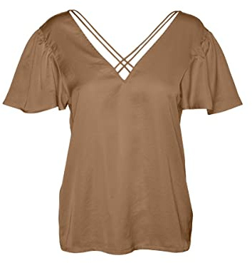 VERO MODA Blusa Manica Corta Volant, Scollo a V con Incrocio e Tessuto Lucido