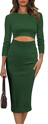 Uusollecy Elegante Vestidos de Manga Larga y Rodilla para Mujer, Vestidos de Noche con Corte y Cuello Redondo, Vestidos Midi Bodycon Lisos, Vestido Lápiz Bodycon Elástico, B-Verde., L