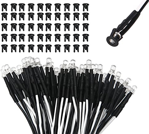 Lyeteung 50 Stycken 3mm 12V Förtrådda LED Dioder Ljus, Vit, 20cm Förtrådda LED Lysdioder + 50 Stycken 3mm Plast LED Hållare