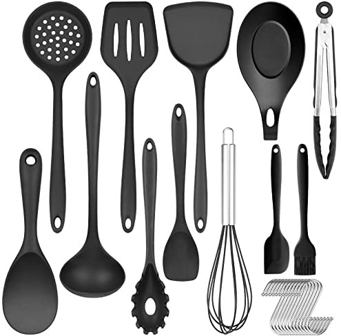24 Piece Silicone Kitchen Utensils, Silicone Kitchen Utensils Set with Hook, Non Stick Pans, Heat Resistant Cooking Utensils, Silicone Spatulas for Cooking Kitchen Gadgets Tools (Black)