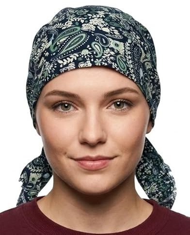 Cool4 Gorro de verano XL para la cabeza de playa, bandana, gorro de quimioterapia, A02, Azul marino con estampado floral verde y beige, Talla única