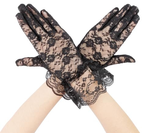 Cytokio spetshandskar kvinnor te party handskar dam eleganta korta handskar vintage sommar blommiga handskar brud bröllop middag fest, Svart, 1 Pair