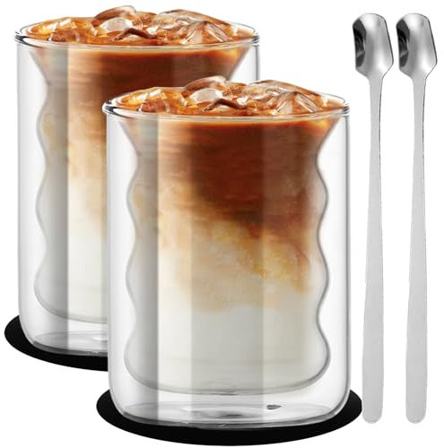 Nizirioo Juego De 2 Tazas De Café De Cristal, Taza De Café, Vasos De Café De Doble Pared Vasos De Espresso Vasos Térmicos De Cristal Con 2 Cucharas Y 2 Posavasos Para Café Té Capuchino Espresso