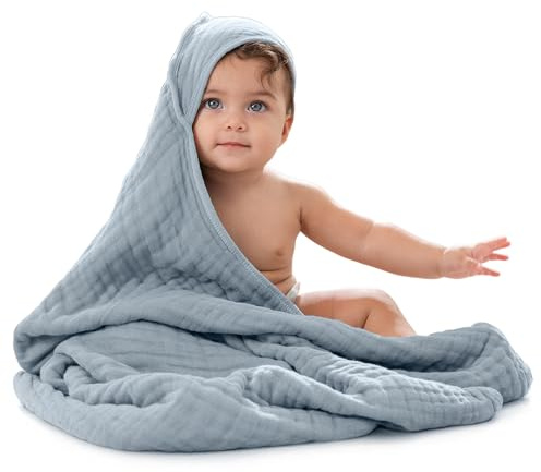 Comfy Cubs baby-handduk med huva, 9-lagers muslin-bomullshandduk för barn, stor 80 x 80 cm, ultramjuk, varm och absorberande. Baby Essentials badhanddukar för flickor och pojkar (1 st, pacififikblå)
