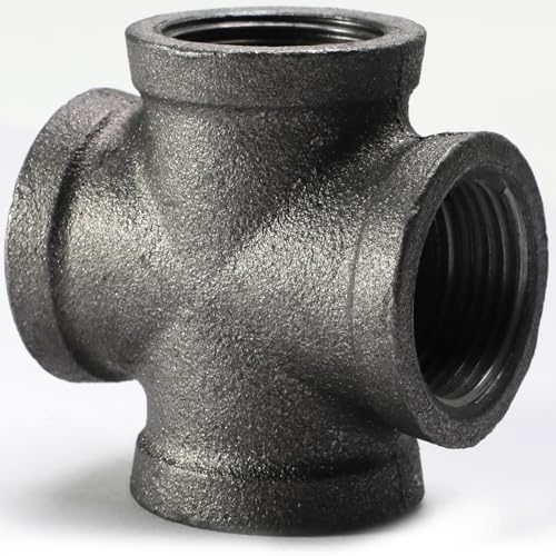 AGUTEA Black 4-Way Cross Fitting Connector, Malleable Iron Fittings with Threaded Holes, Vintage Industrial Decorative Pipe Fitting Stands, Tables, Furniture (3/4 INCH) (Pack of 1)