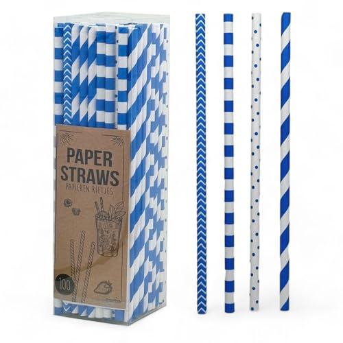 MIJOMA papperssugrör, miljövänliga papperssugrör för barns födelsedag, bröllop, babyshower, fest – biologiskt nedbrytbara (blå – prickar och ränder, 100 stycken)