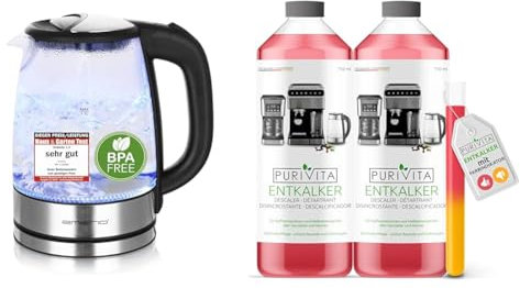 Emerio WK-119988 Glas Wasserkocher & Purivita - Universal Entkalker 750 ml für Kaffeevollautomaten - Für alle bekannten Marken geeignet, 2 Flaschen