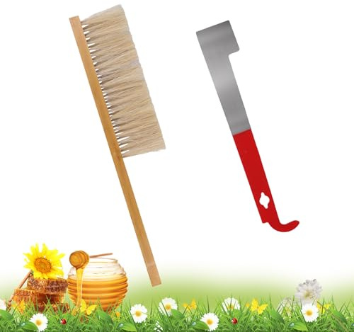 2pcs Bee Hive Brush and Bee Hive Scraper Set, Metal J Hook Bee Hive Tool Hive Frame Lifter Gripper Bee Brush with Wooden Handle Beekeeping Supplies Equipment for Bee Keepers
