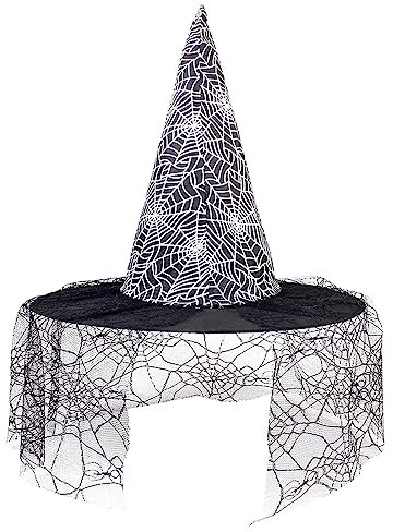 Halloween Kostüm Mädchen Bedruckter Trachtenhüte Spitzer Hut mit Halloween- für Damen Vliesstoff Schön Bedruckter Trachtenhüte Cosplay Party (Black, One Size)