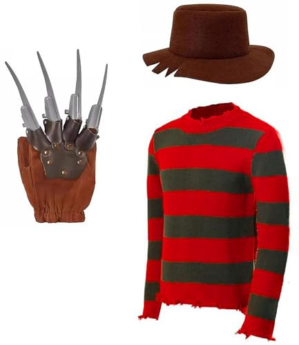 Freddy Krüger Ensemble de costume, pull à rayures, pour adulte, avec chapeau, gant, pull à rayures, motif de film d'horreur, pour Halloween, cosplay, taille L