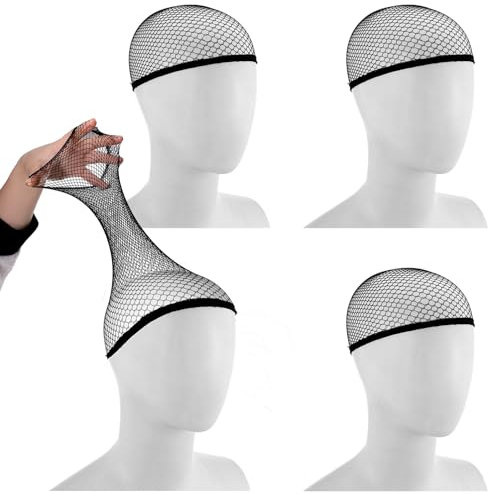 4 cappucci per parrucca, con estremità aperta, in rete nera, per donne e uomini, retina elastica per capelli lunghi, corti, spessi, per Halloween, cosplay