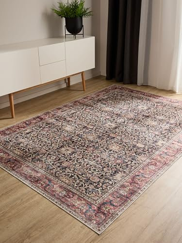 benuta Basic Waschbarer Teppich George - Multicolor/Rot 160x230 cm - Kunstfaser - Rechteckig & im Style: Vintage, Elegant, Retro - Pflegeleicht für Wohnzimmer Schlafzimmer