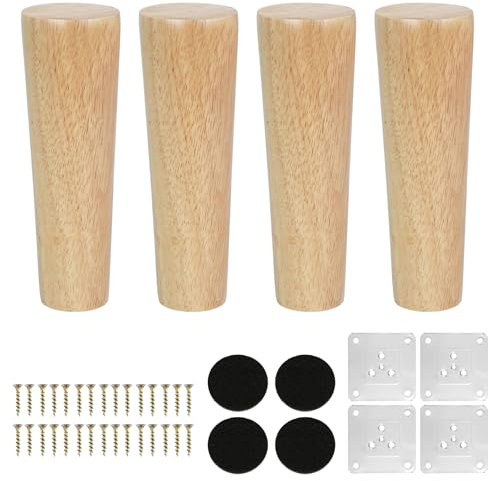 KINDPMA 4 Piezas 15cm Patas para Muebles Madera Roble Cónicas Patas de Mesa de Madera Patas para Sofas con Tornillos y Placa de Montaje para Cama,Sillón,Gabinete de TV, Armario