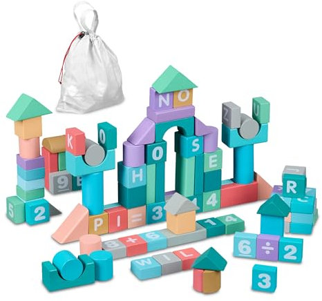 Relaxdays Bausteine, 108-teiliges Bauklötze Set mit Tasche, Buchstaben, Zahlen, Pastell Holzbausteine ab 3 Jahren, bunt