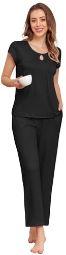 Famulily Women Summer Pajama Sets Front Keyhole and Pleated Sleepwear Ladies Short Sleeve Pjs Loungewear with Two Pockets S-XXL