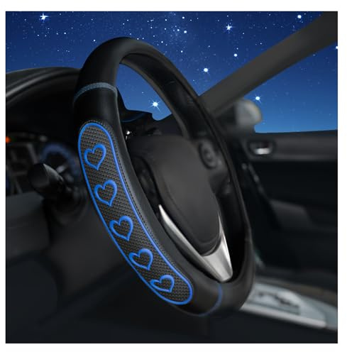 Ventilated Heart-Shaped Steering Wheel Cover with Anti-Slip Leather Grip. Compatible with Ford, Toyota, Honda, Nissan, and Chevrolet Vehicles for 14.5-15.2 inch Round Steering Wheels.
