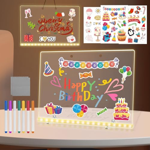 Shinybox Tableau LED Enfant, Tableau Lumineux à Suspendre, Acrylique Lumineuse Message LED avec 7 Couleurs Stylo, Autocollant, Support, Magique Effaçable, Cadeau Créatif pour Enfants