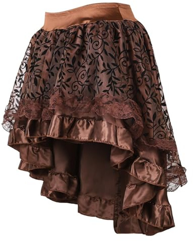 Falda midi retro monocromática irregular falda elástica ribete de encaje cóctel swing falda mariquita mujer, café, M