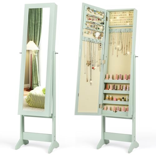 RELAX4LIFE Armoire à Bijoux sur Pieds avec Miroir Pleine Longueur HD 4 Angles Réglables, Armoire à Bijoux avec Grand Espace de Rangement pour Chambre, Vestiaire, Salle de Bain (Vert)