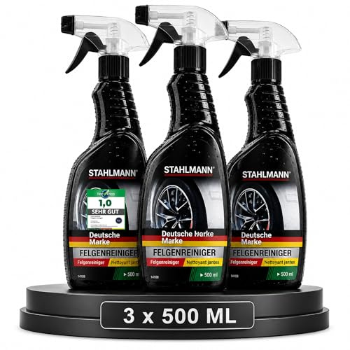 STAHLMANN® Felgenreiniger [500 ml] – kraftvoller Reiniger für Alufelgen gegen Bremsstaub & Straßenschmutz – schonend zu Felgenoberflächen – Auto Felgenreiniger Set (3x 500ml)