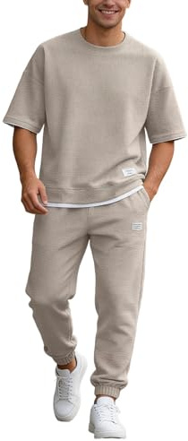 Generico 2 Pezzi Tuta Uomo Completa Estivo Sportiva T-Shirt Joggers con Tasche di Maglietta E Traspirante Set per Spiaggia Palestra Loungewear Traspirante Taglie M-5XL