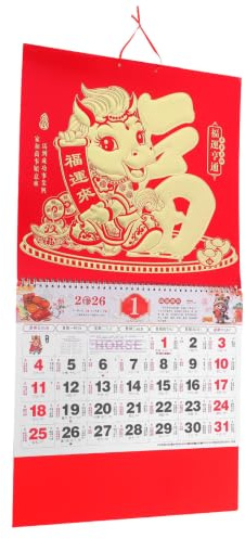 HOMSFOU Calendrier Mural Rouge de L'année du Cheval en Papier avec Calendrier Lunaire, Décoration Traditionnelle du Nouvel An Chinois pour Bureau et Présent