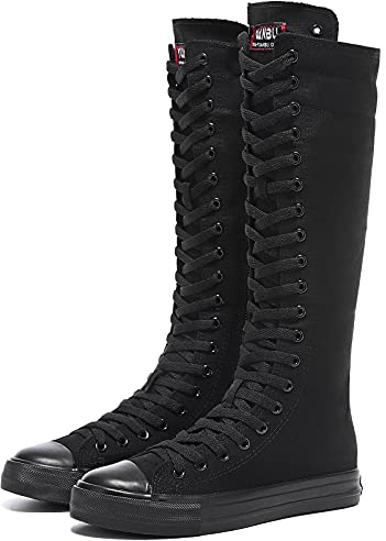 Momuk Women's Fashion Lace Up Knee High Canvas Zip Boots Girls Fancy School Shoes