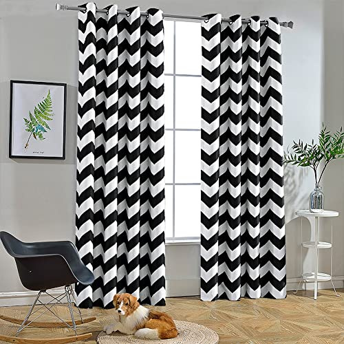 Melodieux Fashion Chevron Curtains for Living Room Dining Room, Darkening Grommet Top Window Drapes Soundproof Thermal Insulated for Bedroom, 96 Inches Long, 52 by 96 Inch, Black and White(1 Panel)