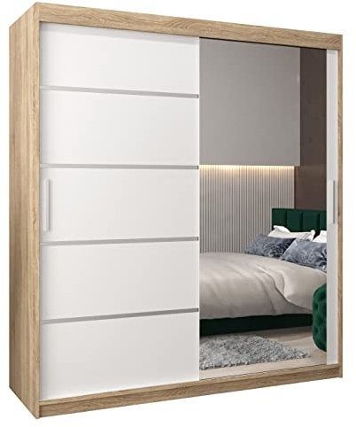 ABIKSMEBLE Verona 2 180 Armario 2 Puertas Correderas para Dormitorio - Armario Moderno con Espejo, Barra y Estantes - 180x200x62 cm (Ancho x Alto x Fondo) - Sonoma + Blanco Mate