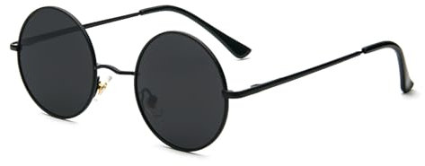MMOWW Gafas de Sol para Hombre Mujer Redondas Vintage Polarizadas Retro Clasicas Metálico Protección UV400 (Negro - Gris)