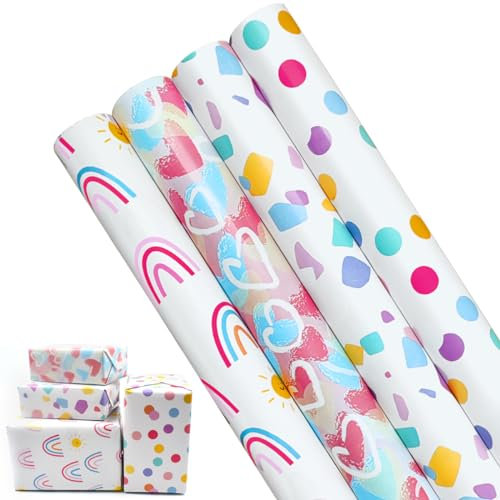 4 Rollen 43 cm x 3 m Geschenkpapier, Geburtstagspapierrolle, geeignet für Geburtstag, Party, Hochzeit, Babyparty, Festival-Geschenkdekorationen