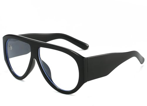 LJCZKA Oversize Occhiali Luce Blu Rotondi Donna uomo Montatura Occhiali da Vista Pilota Grandi Montatura Spessa Anti Affaticamento per Computer Gioco (Nero, 0.0, x)