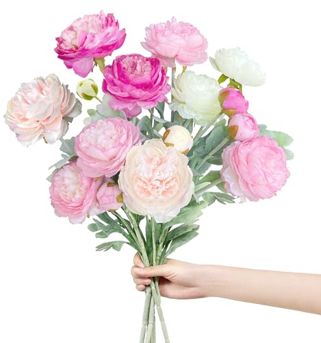 ROLLWAY 5 mazzi di fiori artificiali come vere peonie, fiori artificiali di seta, grandi, 51 cm, fiori artificiali, peonia, artificiali, rosa, viola, bianco (φ 8 cm)