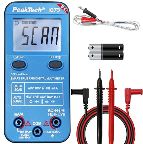 PeakTech, P1073, Multímetro digital True RMS SMART con función Auto-Range, Multímetro digital con pantalla LCD de 4.000 recuentos, Amperímetro preciso mA y rango A hasta 600V AC/DC, CAT III 600V