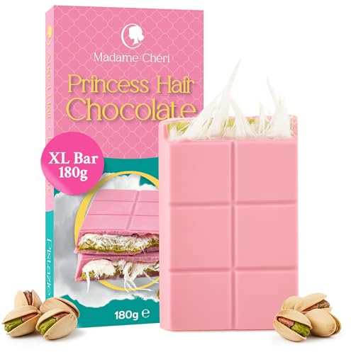 Madame Chéri Angel Hair Chocolat 180 g – Chocolat Rose Garni de Pişmaniye & Crème de Pistache – Artisanale avec Coton de Sucre Turc – Sans Colorants Artificiels